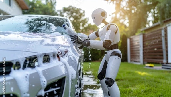 Obraz 車を洗うヒューマノイドロボットのある暮らし