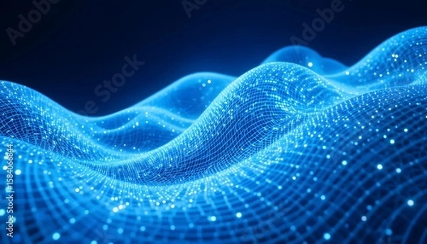 Obraz Blue, glowing, undulating mesh creates a digital landscape with shining points