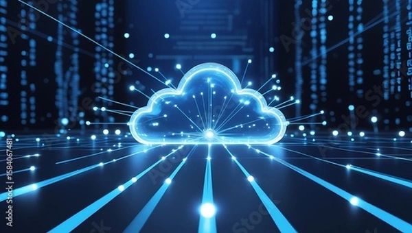 Fototapeta Futuristic Cloud Computing Network with Digital Data Transfer