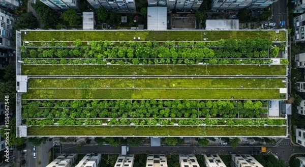 Fototapeta Lush Green Rooftop Garden Above Urban Development with Diverse Vegetation and Sustainable Architecture in City Setting