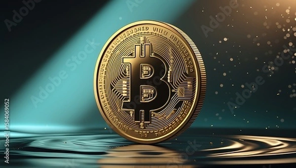 Fototapeta Bitcoin Cryptocurrency Coin on Reflective Surface with Sparkling Digital Background