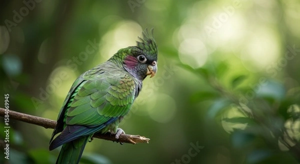 Fototapeta Colorful Parrot Perched on Branch in Lush Green Environment with Soft Natural Background