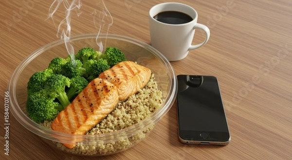 Fototapeta Freshly Cooked Salmon with Broccoli and Quinoa Served Hot with Coffee and Smartphone on Wooden Table