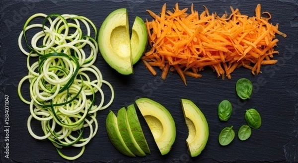 Fototapeta Freshly Sliced Vegetables on Dark Background for Healthy Meal Preparation and Cooking