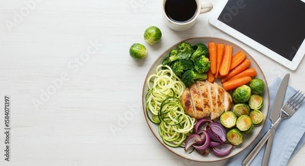 Fototapeta Healthy Meal Plate with Grilled Chicken, Fresh Vegetables, Coffee, and Digital Device on a Light Table Surface