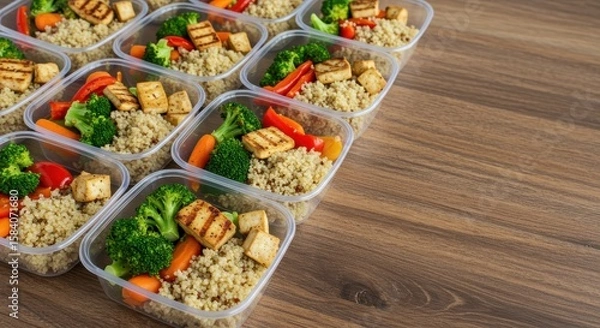 Fototapeta Healthy Meal Prep Containers with Quinoa, Grilled Tofu, and Fresh Vegetables on Wooden Table