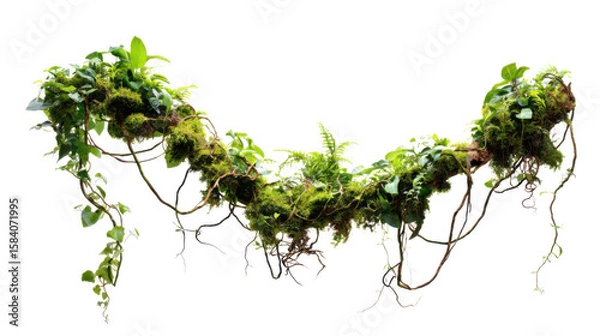 Fototapeta realistic jungle liana with green moss and textured bark isolated on transparent background