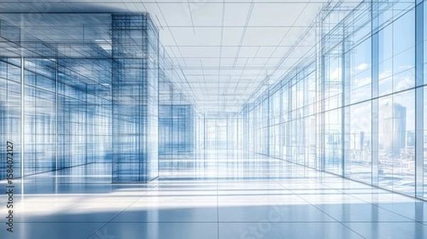 Fototapeta architectural blueprint visualization of a modern office building showcasing an open floor plan with floor-to-ceiling windows and a cityscape view emphasizing transparency and innovation