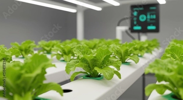 Fototapeta Modern Hydroponic System with Fresh Greens Growing in Controlled Environment for Sustainable Agriculture Practices