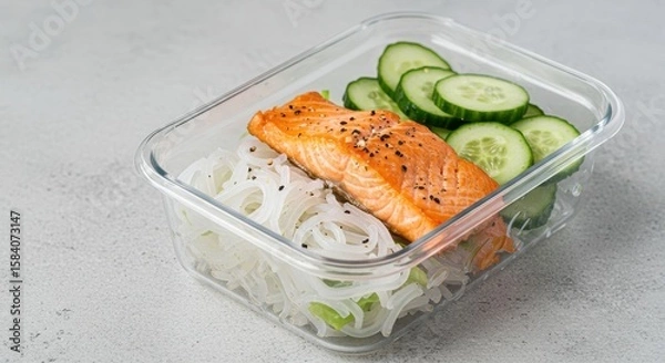 Fototapeta Salmon Fillet with Fresh Cucumber Slices and Rice Noodles in Glass Meal Prep Container for Healthy Eating and Nutrition on Grey Background