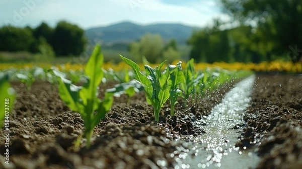 Fototapeta close-up shot showcases the fresh growth of young corn plants in a field with shimmering water droplets and soft background, representing the cycle of life and agricultural abundance