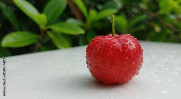 Fototapeta Fresh red cherry with droplets on a white surface surrounded by greenery, highlighting nature's beauty and vibrant colors in a close-up shot