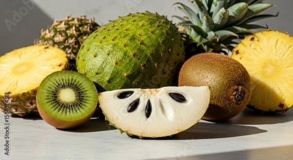 Fototapeta Fresh Tropical Fruits Display with Pineapple, Kiwi, Soursop, and Other Exotic Varieties on a Bright Background for Culinary Inspiration