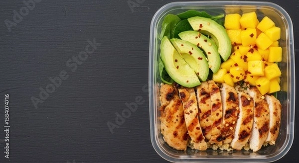 Fototapeta Grilled Chicken Meal Prep Bowl with Avocado, Spinach, Fresh Mango, and Quinoa on Dark Background Ready for Healthy Eating