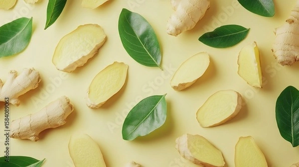 Fototapeta Ginger root slices and green leaves arranged on light yellow surface