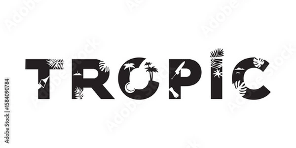 Fototapeta TROPIC Word in Bold Custom Font – Blocky Summer Letters in Stylized Black Vector Form