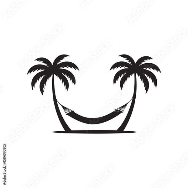 Fototapeta Hammock Between Palm Trees Silhouette – Minimal Summer Holiday Vector Illustration