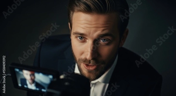 Fototapeta Photo of a focused man with a beard filming a video with a professional camera, capturing a serious and engaging portrait