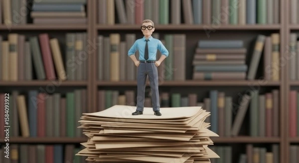 Fototapeta Photo of a miniature figure of a man standing on a stack of papers in front of a bookshelf, symbolizing knowledge and success