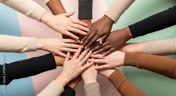 Fototapeta Photo of a diverse group of hands come together in a show of unity and collaboration, symbolizing teamwork and community support