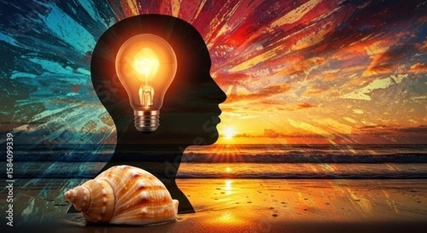 Fototapeta Photo of a lightbulb illuminates a silhouette of a head against a sunset beach, symbolizing a bright idea