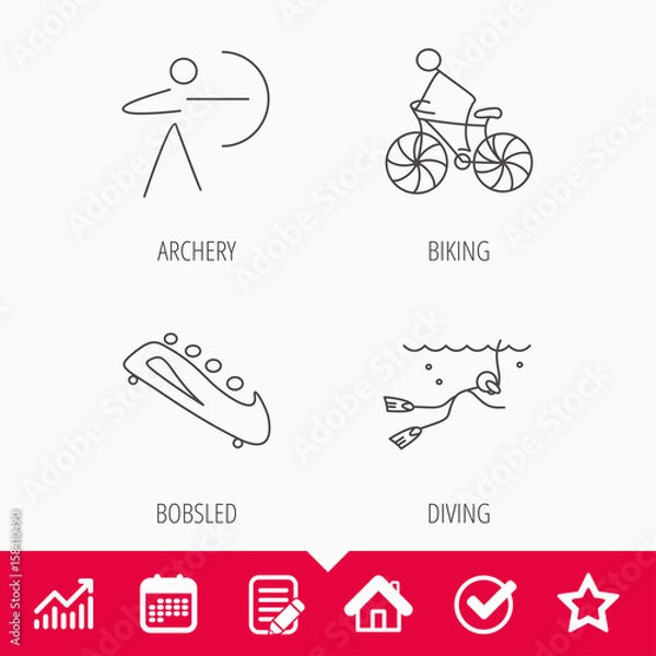 Fototapeta Diving, biking and archery icons. Bobsled linear sign. Edit document, Calendar and Graph chart signs. Star, Check and House web icons. Vector