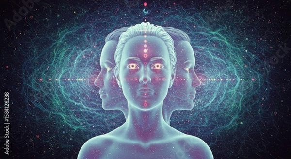 Obraz Futuristic human figure with multiple faces representing quantum immortality  