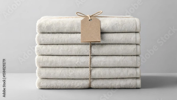 Fototapeta Neatly Stacked White Towels with Tag Presentation for Spa or Bathroom
