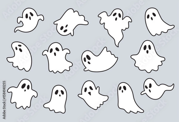 Obraz Cute Halloween white sheet ghosts with black outline in various poses vector illustration.