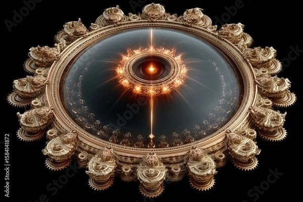 Fototapeta An ornate, steampunk-inspired cosmic device radiating energy from a central glowing core.