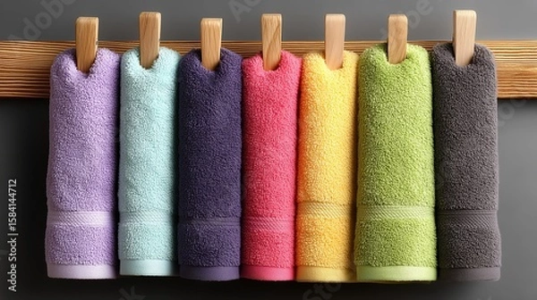 Fototapeta Rainbow of Soft Towels Neatly Hung on Wooden Hooks Against Dark Gray Background in Bathroom Display