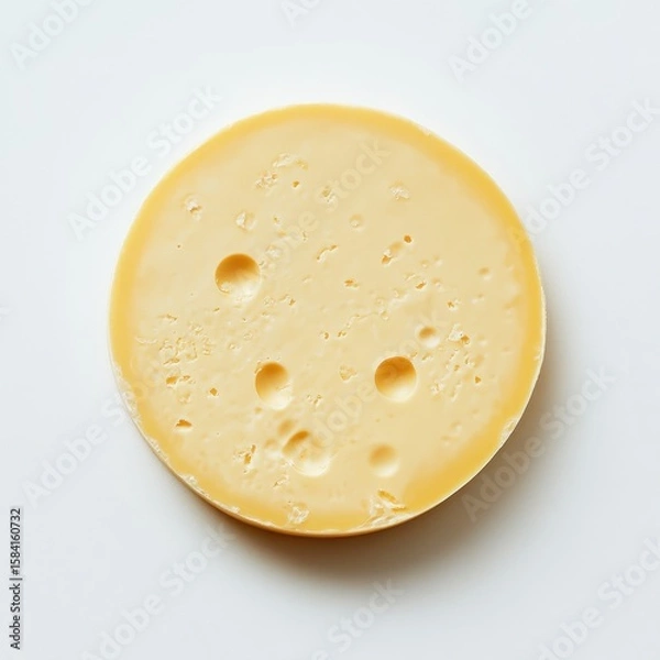 Obraz Close up of a round slice of swiss cheese with holes isolated on white background