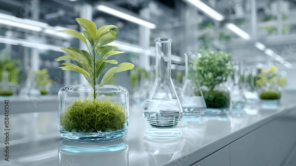 Fototapeta Plants are grown in futuristic glass containers in a sterile, high-tech biotechnology laboratory setting.
