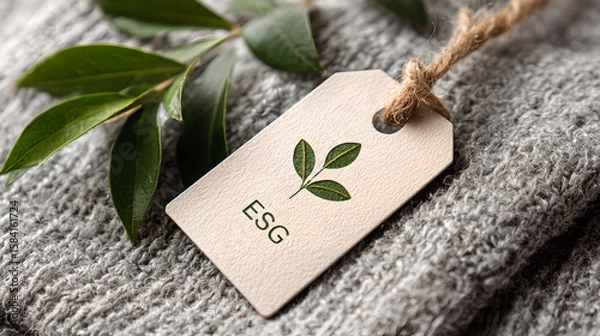 Fototapeta A close-up of a brown paper tag with an ESG label and a small green leaf.
