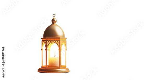 Fototapeta Elegant golden lantern shines with a soft candle glow  isolated on transparent background