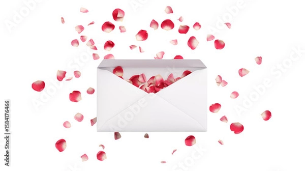 Fototapeta White envelope with rose petals floating  isolated on transparent background