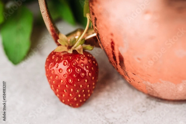 Fototapeta Red ripe strawberry on the rustic background. Selective focus.