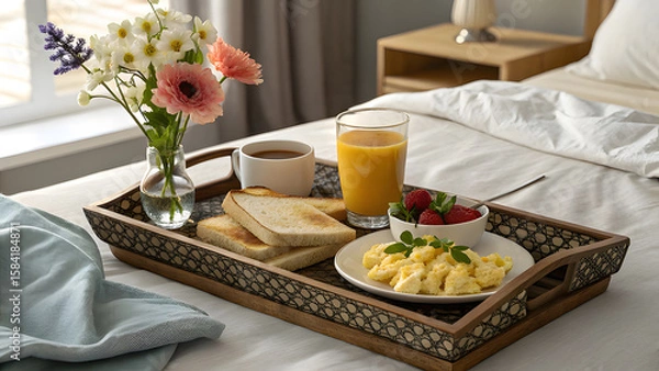 Fototapeta Breakfast tray with scrambled eggs toast orange juice and flowers on bed