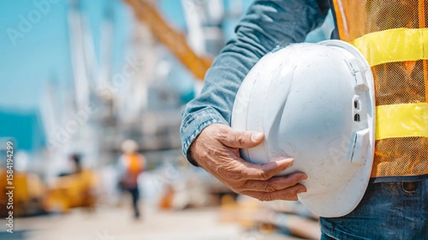 Fototapeta Construction worker holding a hard hat on a busy site