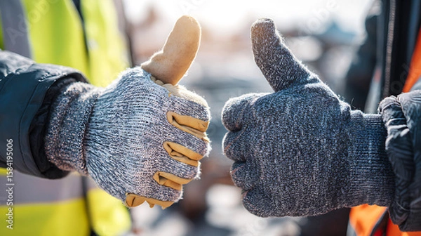 Fototapeta Two workers in protective gloves give a thumbs up gesture