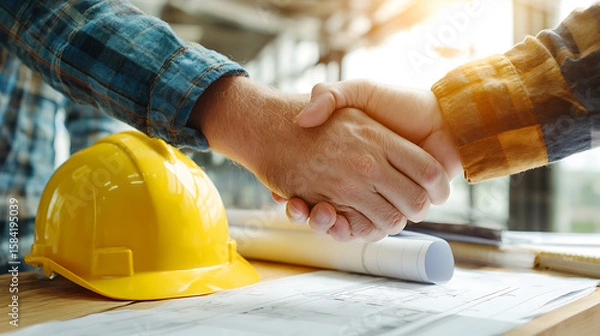 Fototapeta Construction workers shaking hands over blueprints and hard hat