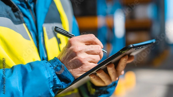 Fototapeta Worker in safety jacket writing on a clipboard with a pen