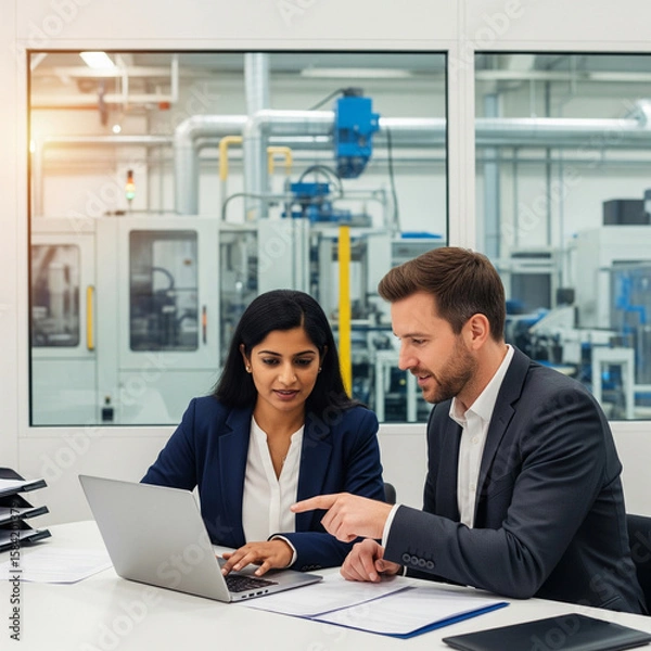 Obraz Professional Collaboration: Two Business Attire Professionals Working on Laptop Inside Manufacturing Facility Office with Softly Blurred Industrial Machinery