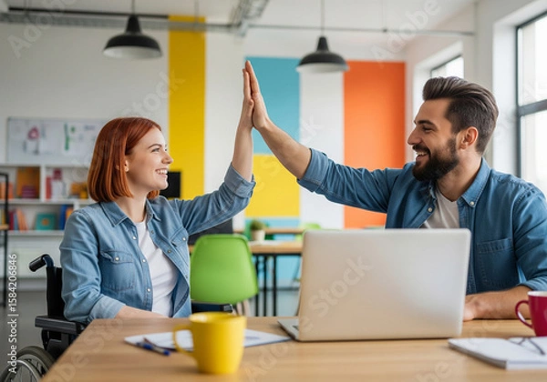 Fototapeta Young Disabled Employee in Wheelchair and Colleague High-Fiving in Celebration of Accomplished Work on Laptop