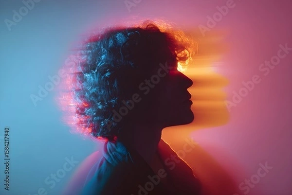 Obraz Silhouette of Androgynous Person with Curly Hair and Motion Blur Neon Lights