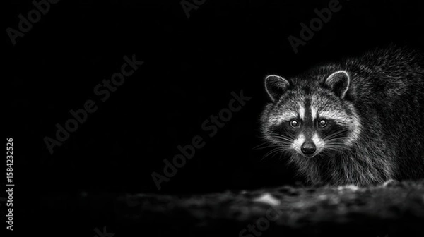 Obraz Close-up of a raccoon in a dark environment.