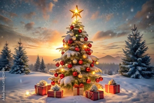 Fototapeta Festive christmas tree adorned with red ornaments and gifts under a snowy sunset sky