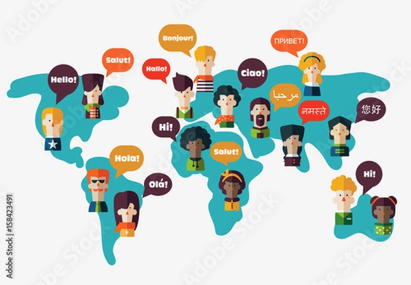 Obraz Set of social people on World map with speech bubbles in different languages