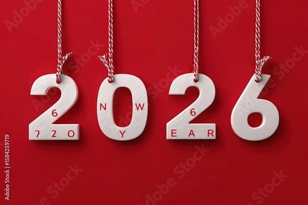 Fototapeta White numbers 2026 hanging on red background. Represents New Year celebration and countdown to the upcoming year.
