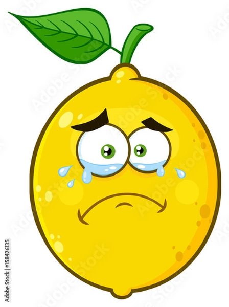 Fototapeta Crying Yellow Lemon Fruit Cartoon Emoji Face Character With Tears. Vector Illustration Isolated On White Background